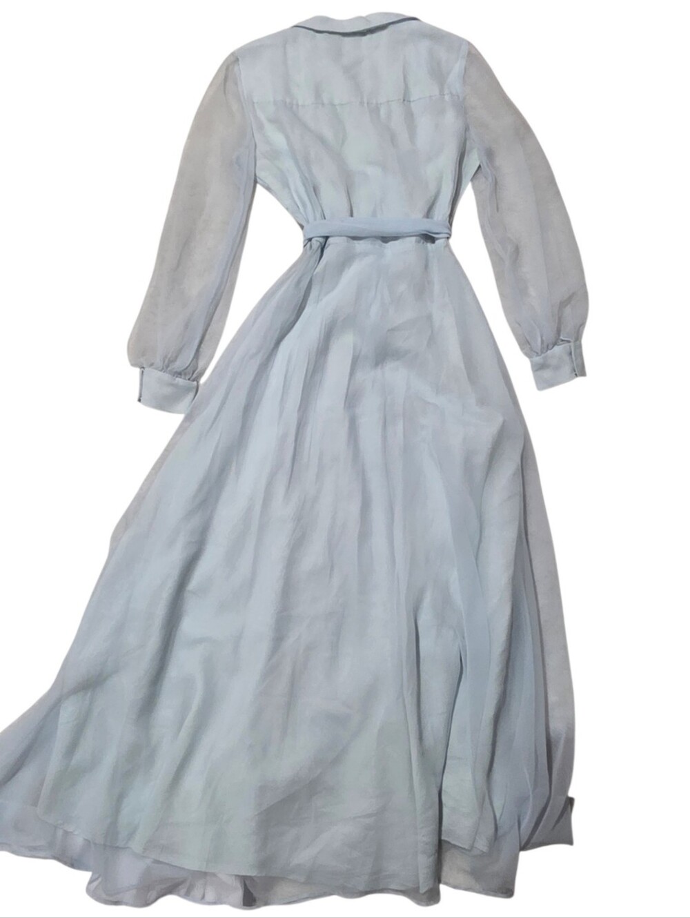 Beautiful light blue long sleeve maxi vintage sheer collared dress with Tie - Picture 2 of 5
